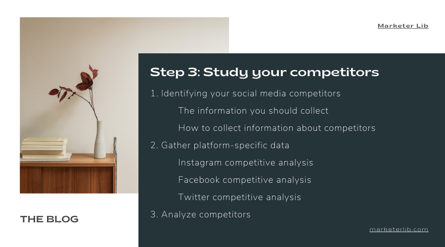 III. Step 3: Study your competitors
3.1 Identifying your social media competitors
3.1.1 The information you should collect
3.1.2 How to collect information about competitors
3.1.3 Example
3.2 Gather platform-specific data
3.2.1 Instagram competitive analysis
3.2.2 Facebook competitive analysis
3.2.3 Twitter competitive analysis
3.2.4 Example scenario
3.3 Analyze competitors
3.3.1 Activity level
3.3.2 Content types
3.3.3 Brand persona
3.3.4 Leveraging website content
3.3.5 Implementation and tracking
3.3.6 Example scenario